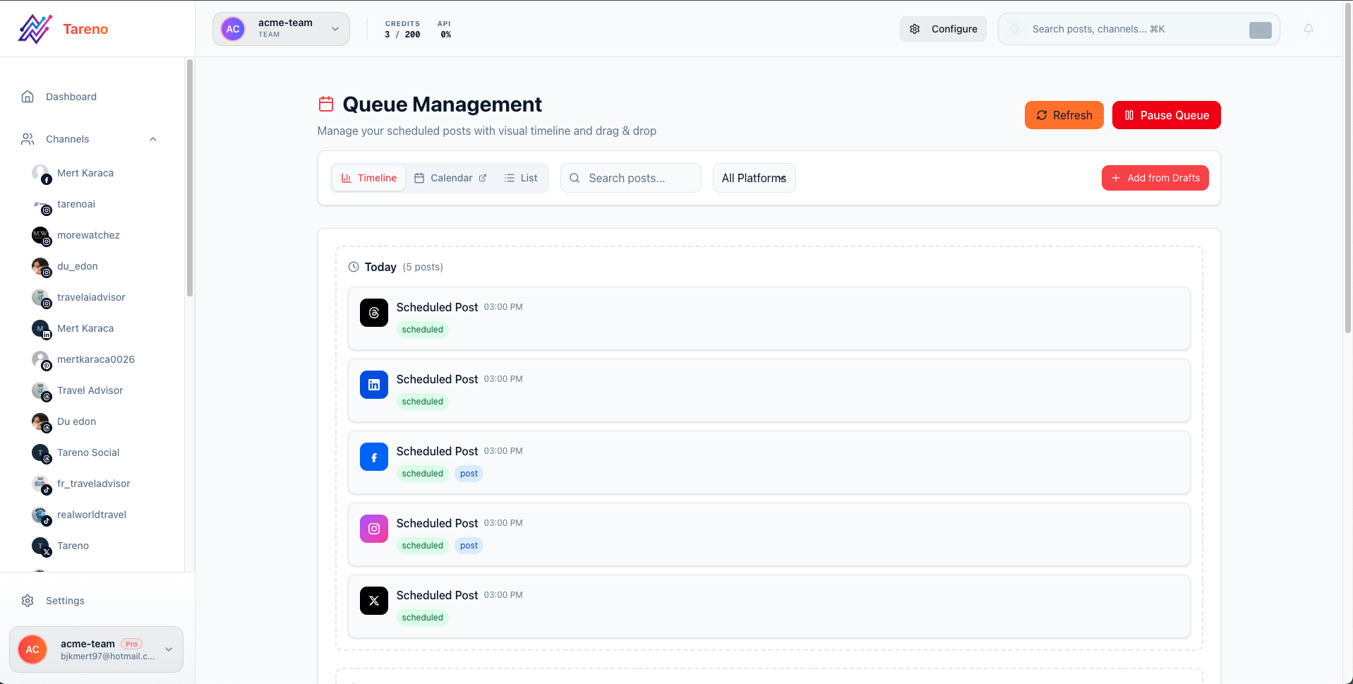 Tareno publishing queue for multi-platform content repurposing