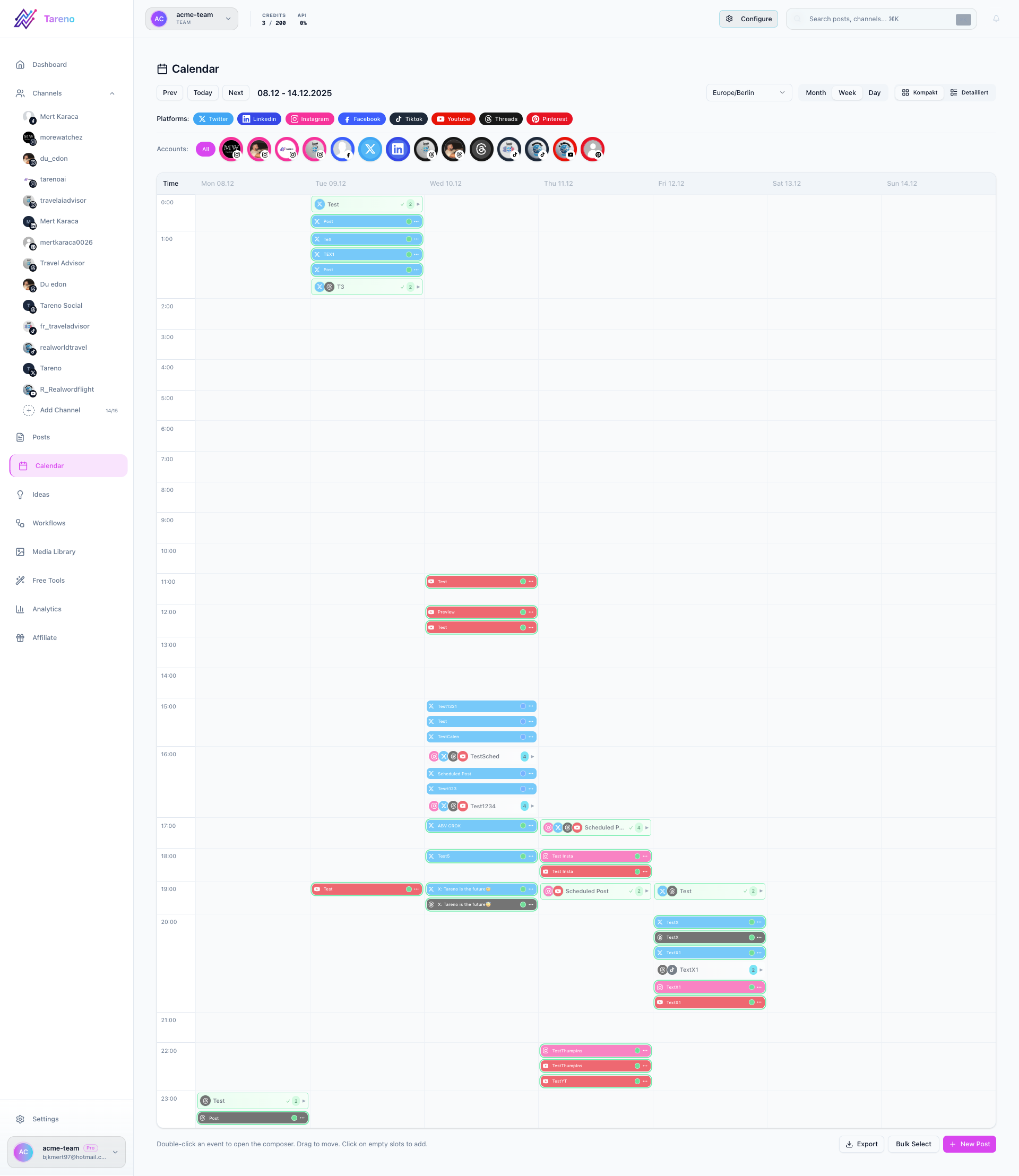 Tareno multi-platform calendar showing Threads alongside Instagram, LinkedIn, TikTok and more
